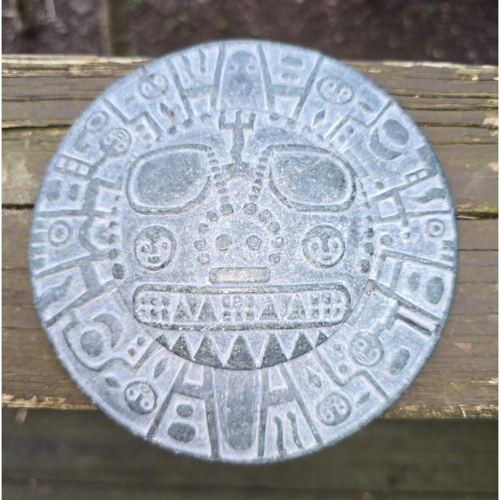 Vintage 7" Hand Carved Aztec Mayan Sun Stone Calendar Grey Soapstone Plate